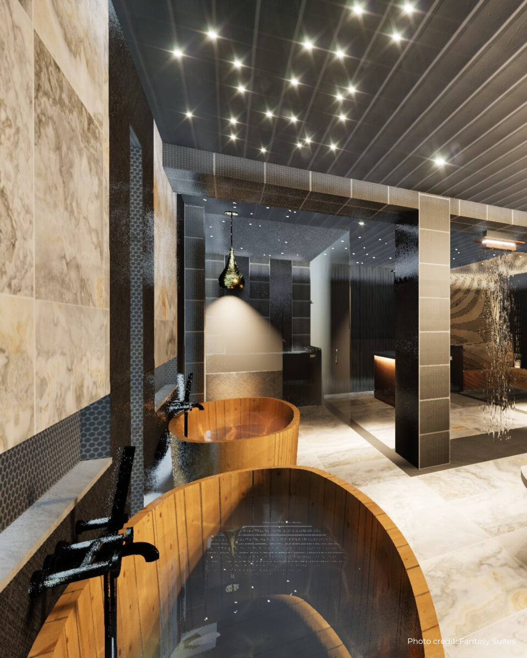 Modern bathroom with wooden bathtub and marble walls