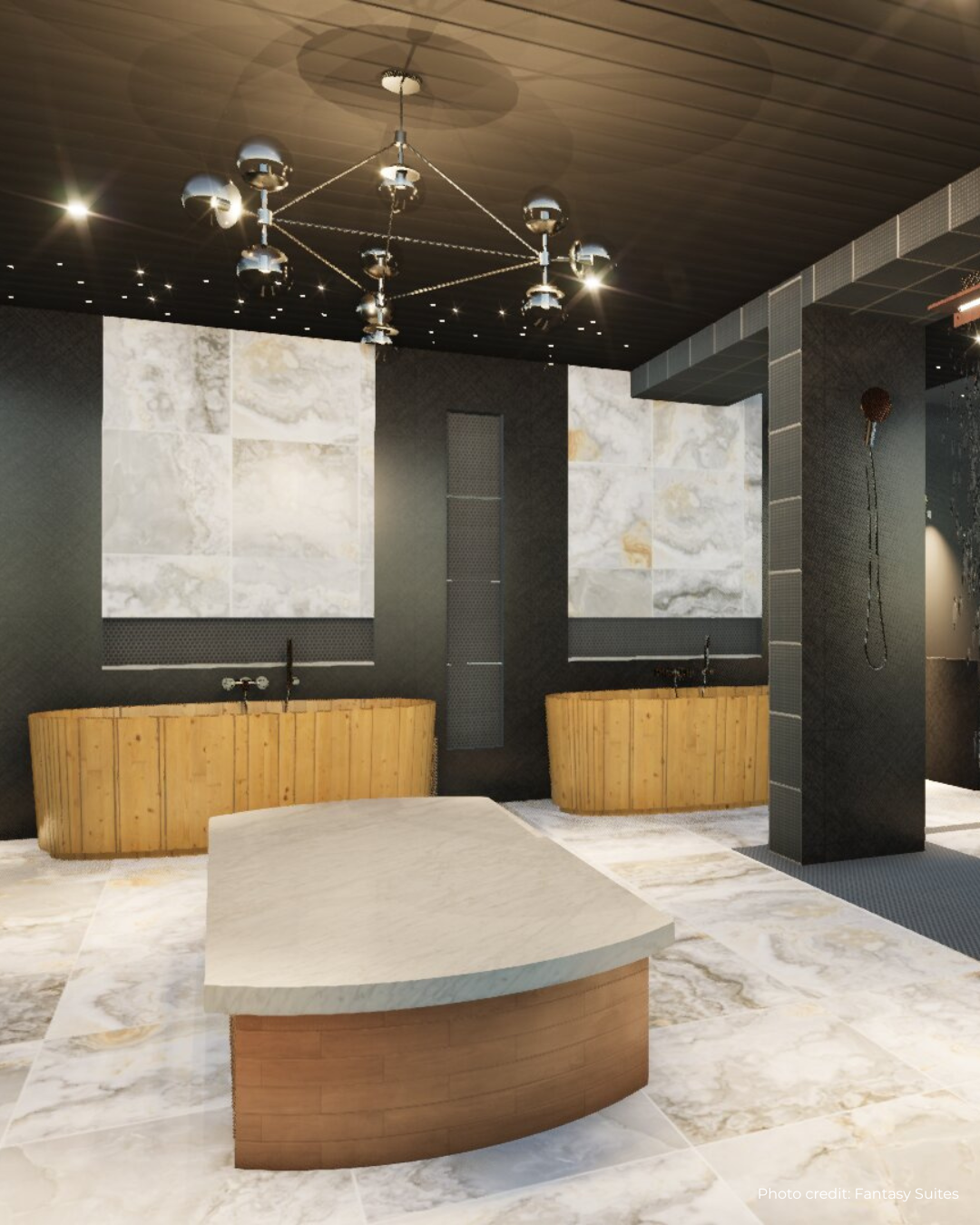 Modern bathroom interior with wooden vanity, bathtub, and marble walls.