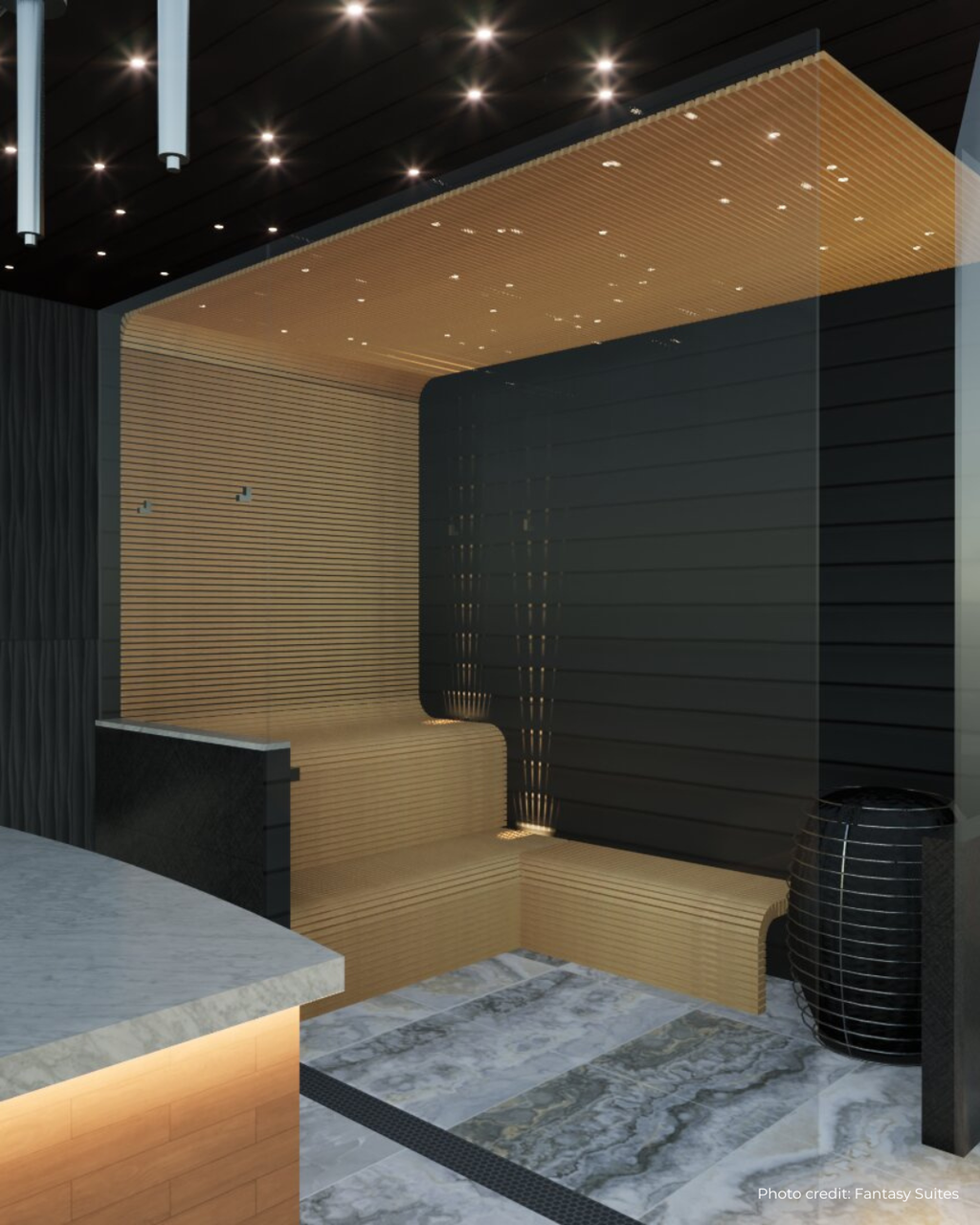 Modern interior design with wooden bench, marble floor, and black walls.